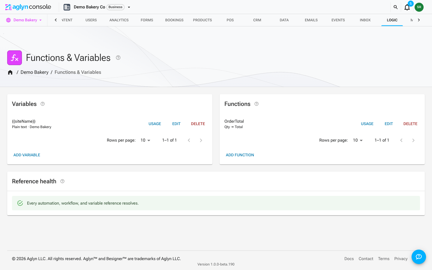 The Logic page: variables and functions that bindings resolve