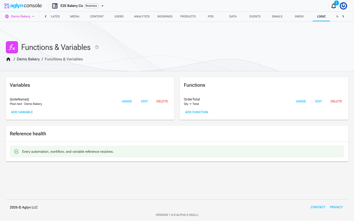 The Logic page: variables and functions that bindings resolve