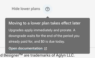 The lower plans shown under Compare all plans, with the Hide lower plans control and a help tooltip explaining that a downgrade takes effect at the end of the paid period