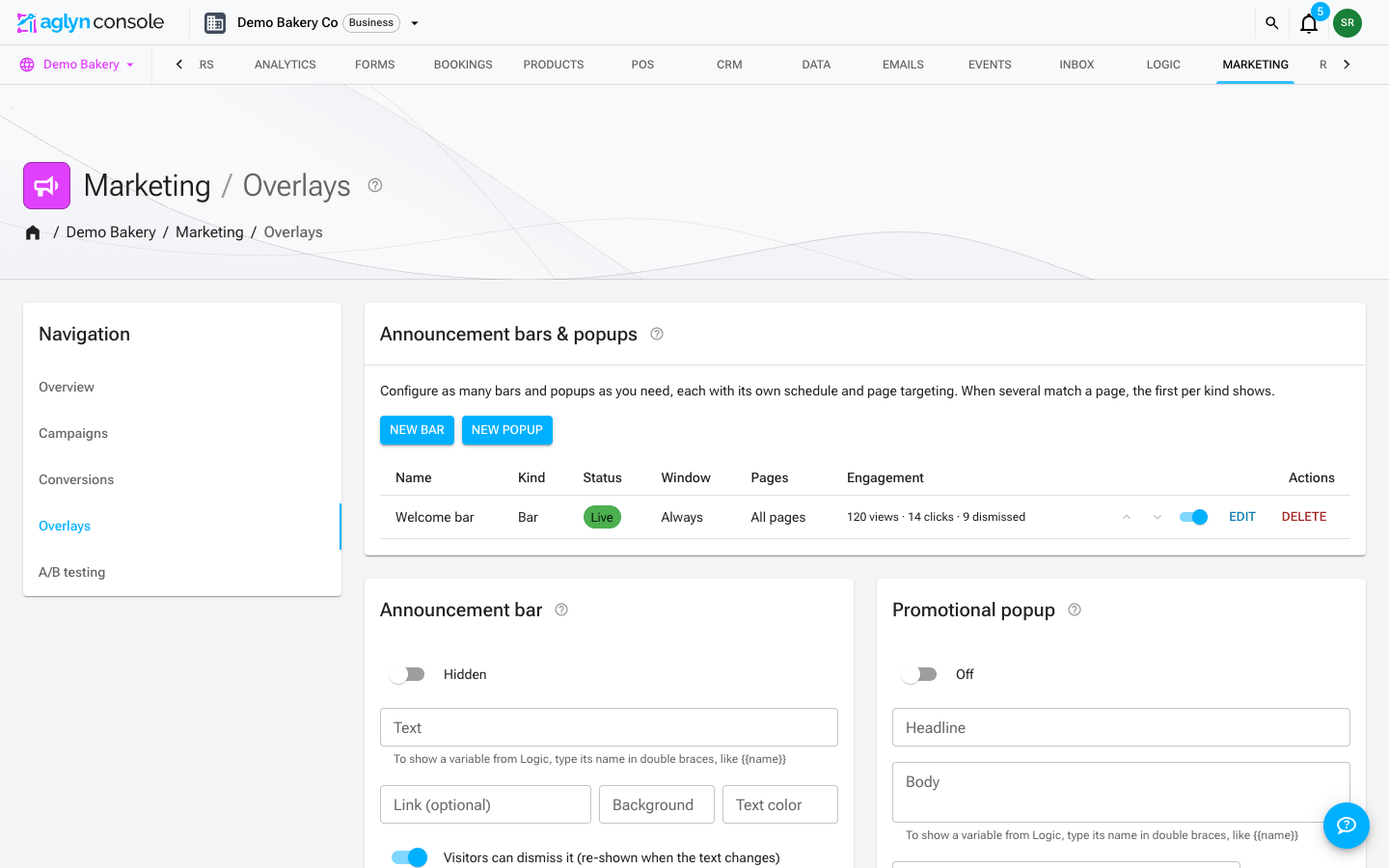 The Overlays section of the Marketing hub: the Announcement bars &amp; popups table with each overlay's kind, status, window, page targeting and engagement counts, above the Announcement bar and Promotional popup cards