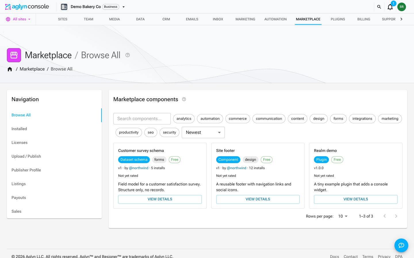 The organization Marketplace, on Browse All, with its Navigation panel listing Installed and the publisher sections