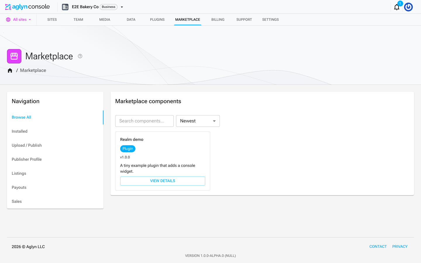 The organization Marketplace, on Browse All, with its Navigation panel listing Installed and the publisher sections