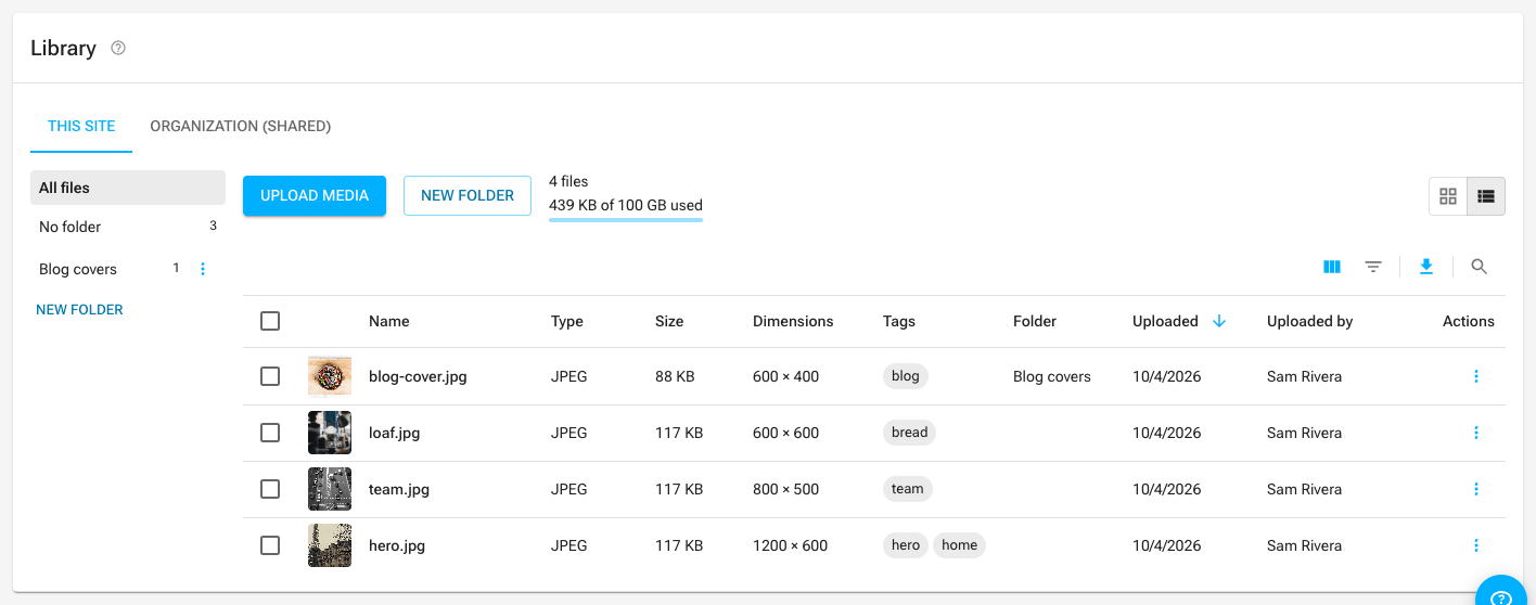 The media library's List view: a table of files with a thumbnail, name, type, size, dimensions, tags, folder, upload date and uploader, under the Columns, Filters, Export and Search toolbar