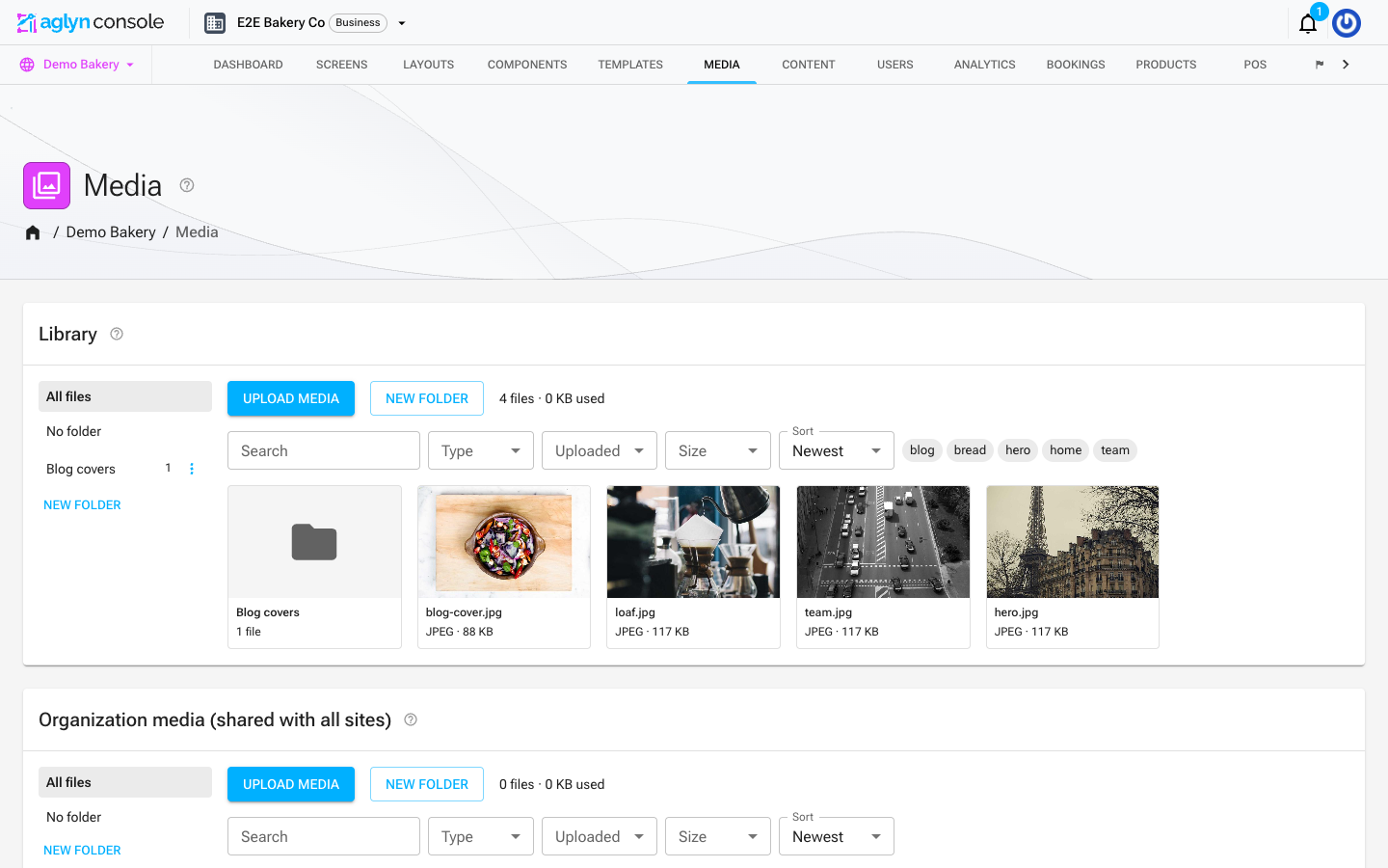 The Media page in the Aglyn console: the site library with thumbnails, folders, search, type/date/size filters and tags, plus the organization-shared media section