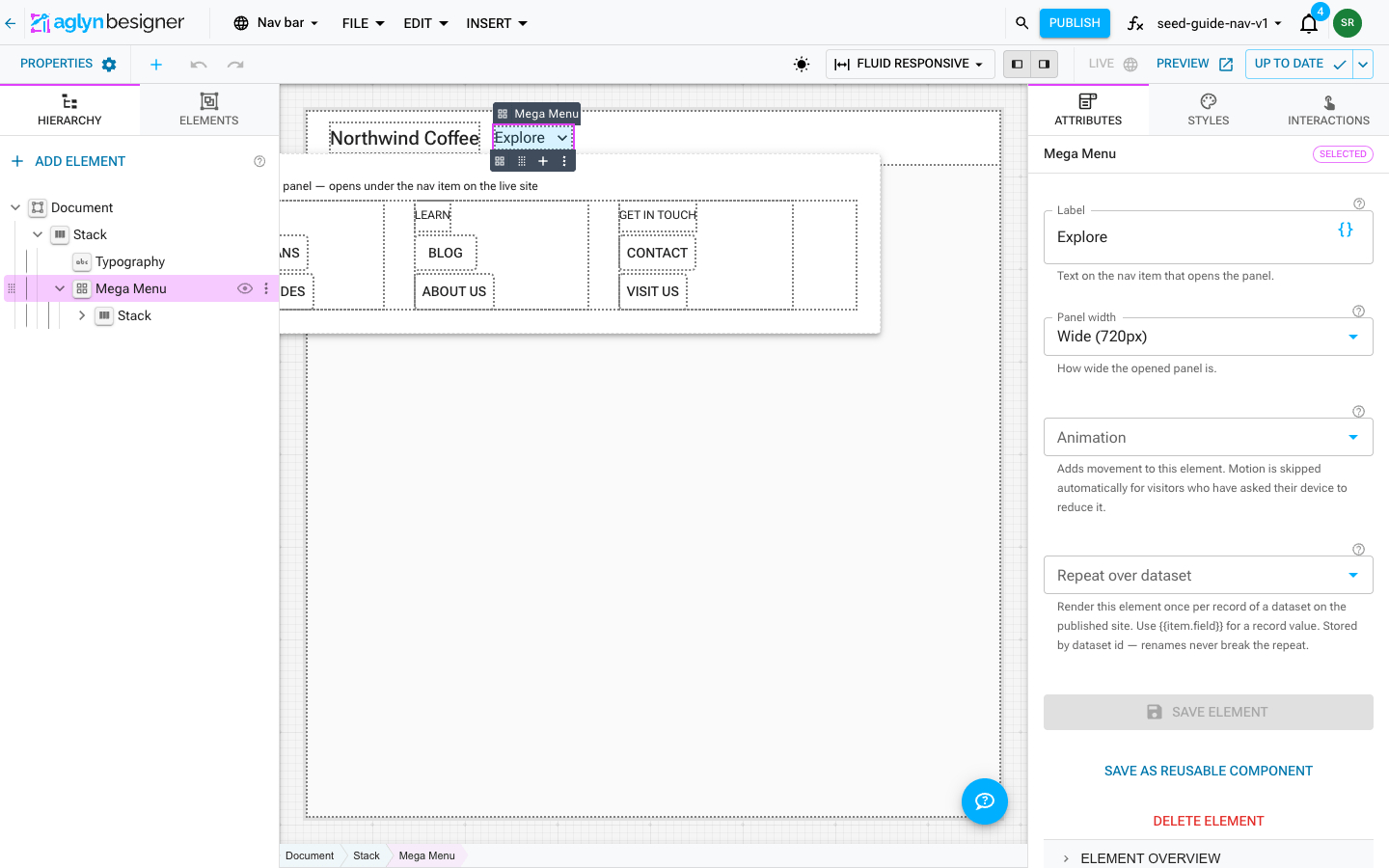 The Mega Menu selected on the canvas with its panel expanded — three columns of links under the Explore trigger