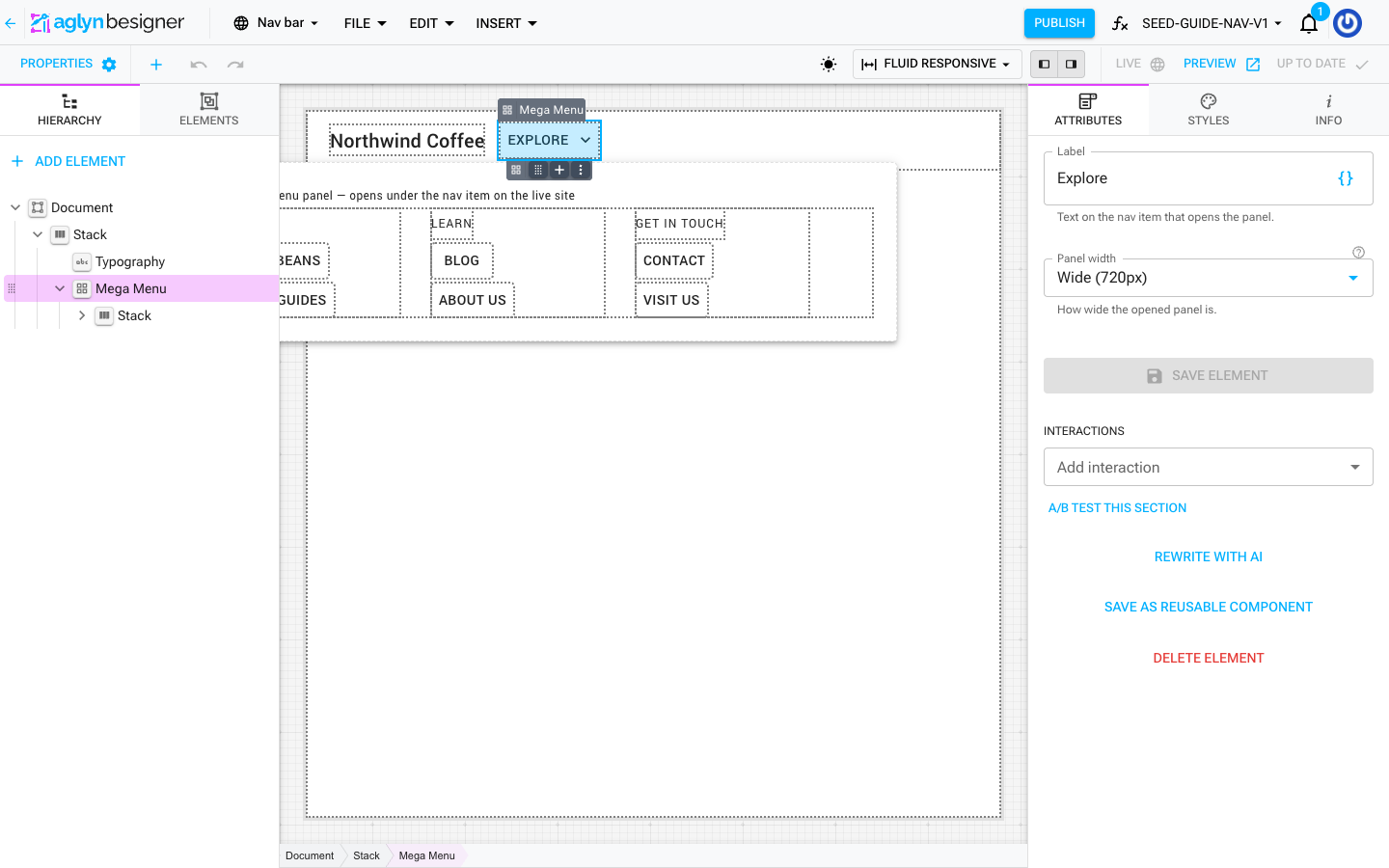 The Mega Menu selected on the canvas with its panel expanded — three columns of links under the Explore trigger