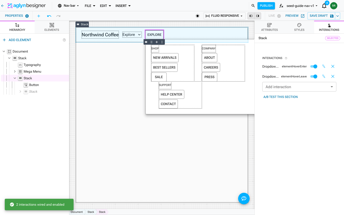The Dropdown Panel preset just inserted — "2 interactions wired and enabled", both hover interactions listed on the wrapper