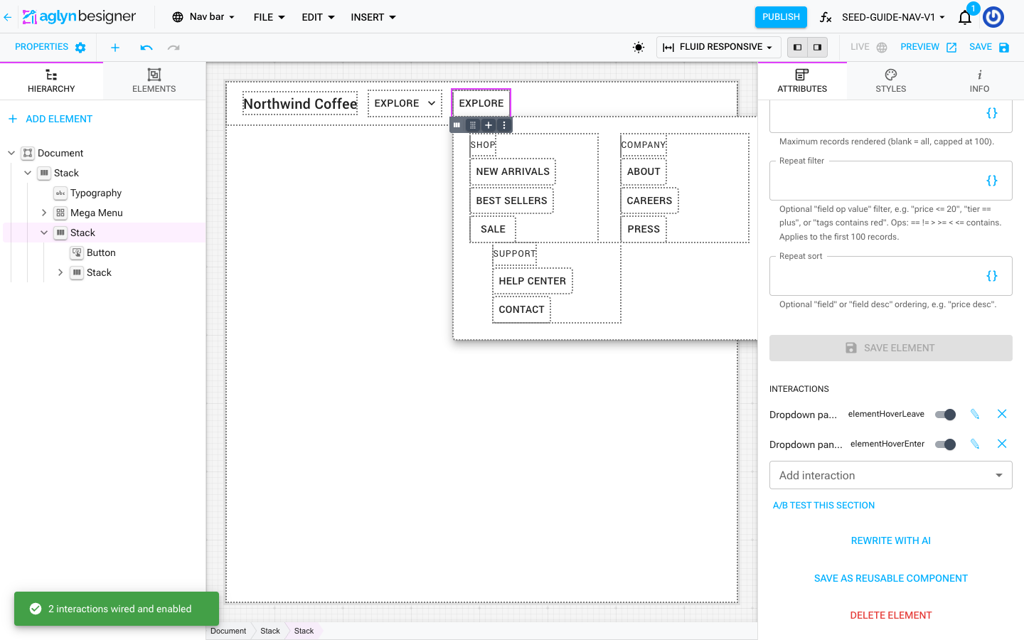 The Dropdown Panel preset just inserted — "2 interactions wired and enabled", both hover interactions listed on the wrapper