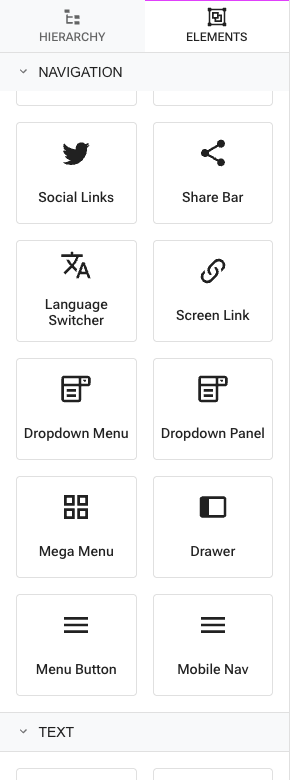 The Navigation group in the element picker — Dropdown Menu, Dropdown Panel, Mega Menu, Drawer, Menu Button, and Mobile Nav