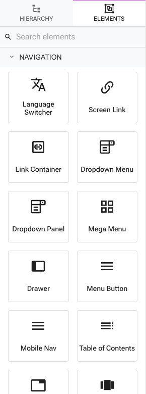 The Navigation group in the element picker — Dropdown Menu, Dropdown Panel, Mega Menu, Drawer, Menu Button, and Mobile Nav