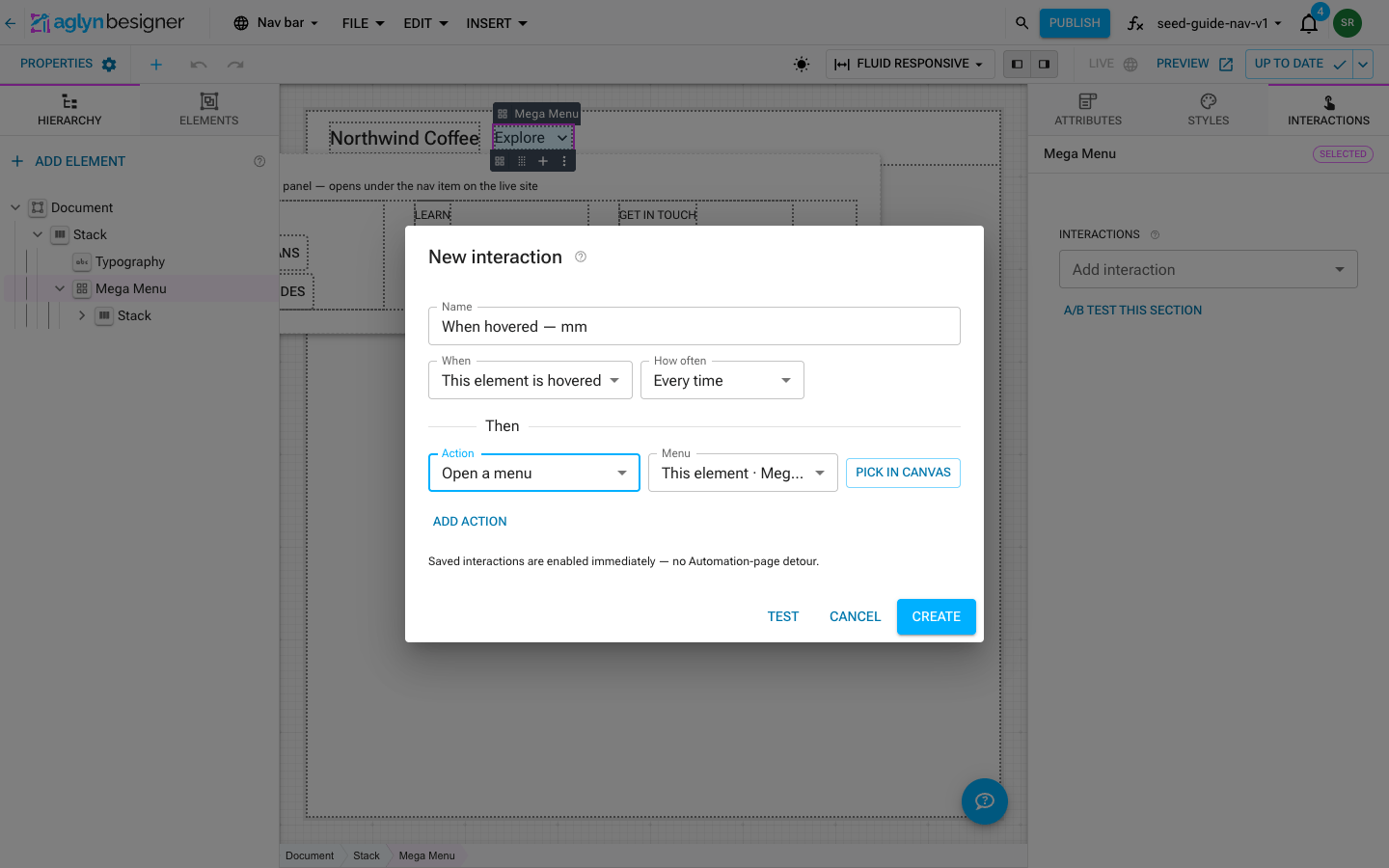 The New interaction dialog — When "This element is hovered", every time, then "Open a menu" targeting this element