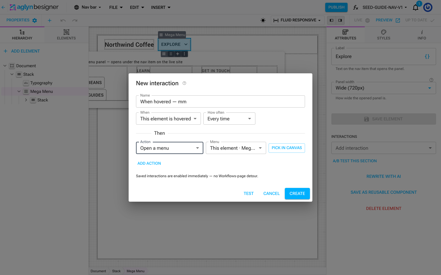 The New interaction dialog — When "This element is hovered", every time, then "Open a menu" targeting this element