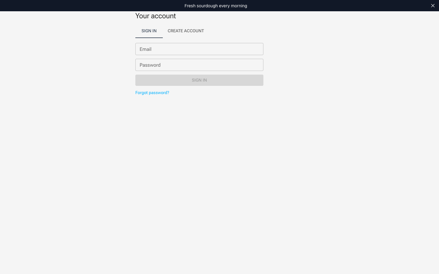 The account page on the live site: the Customer account block's signed-out state with sign-in and create-account tabs