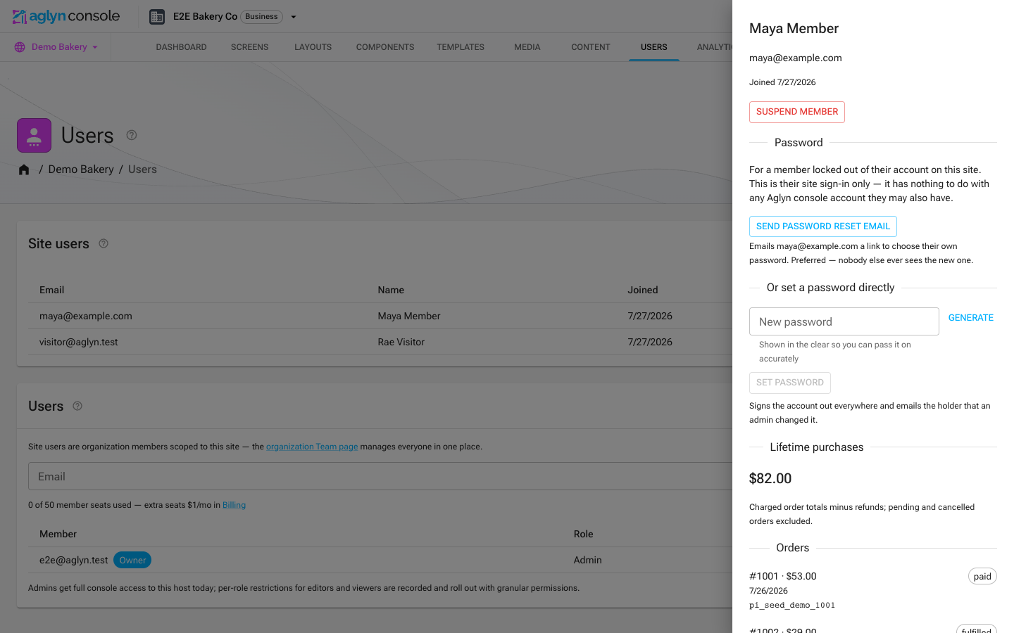 The member drawer open over the Users page showing lifetime purchases, orders with payment references, and the Suspend member action