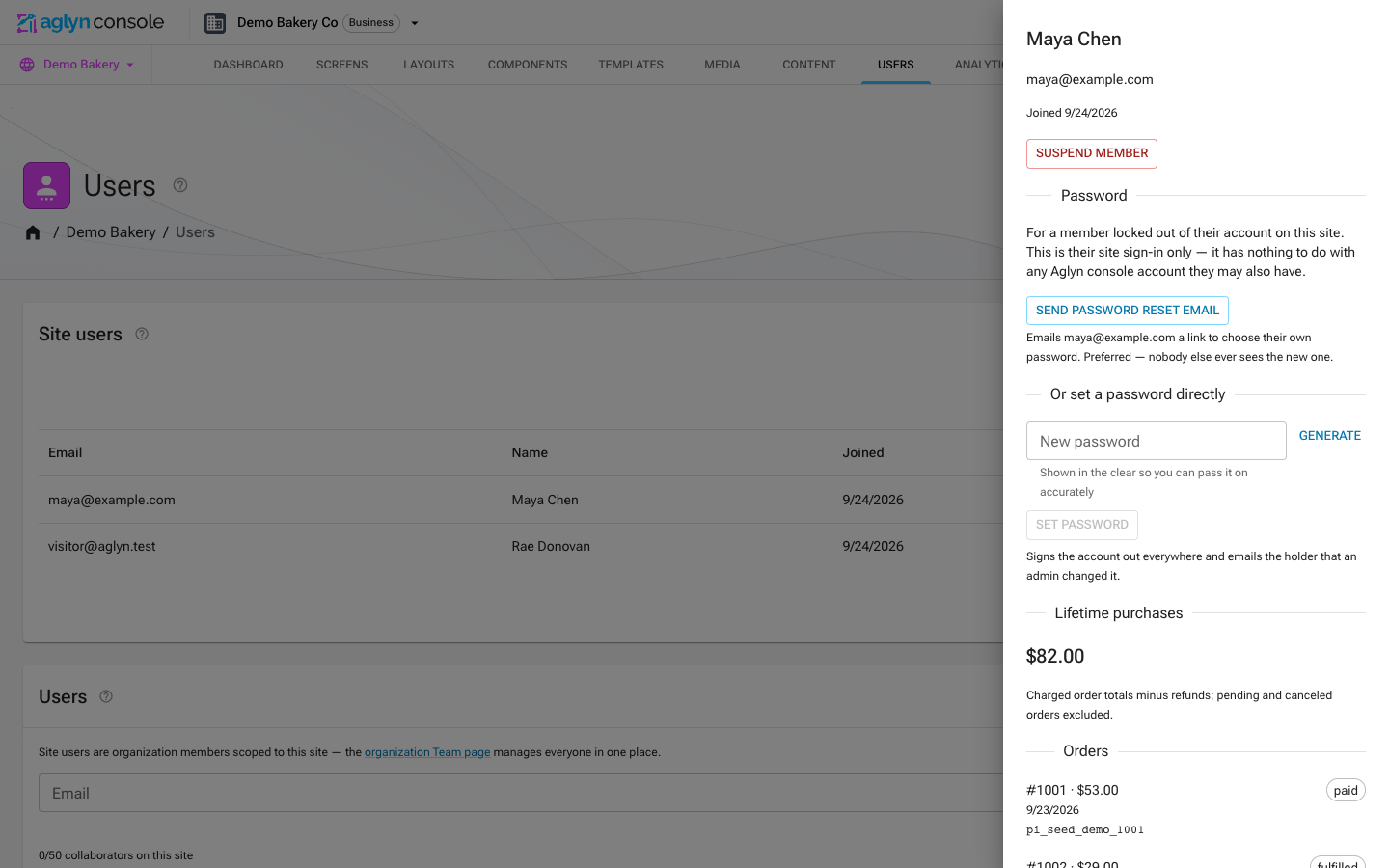 The member drawer open over the Users page showing lifetime purchases, orders with payment references, and the Suspend member action