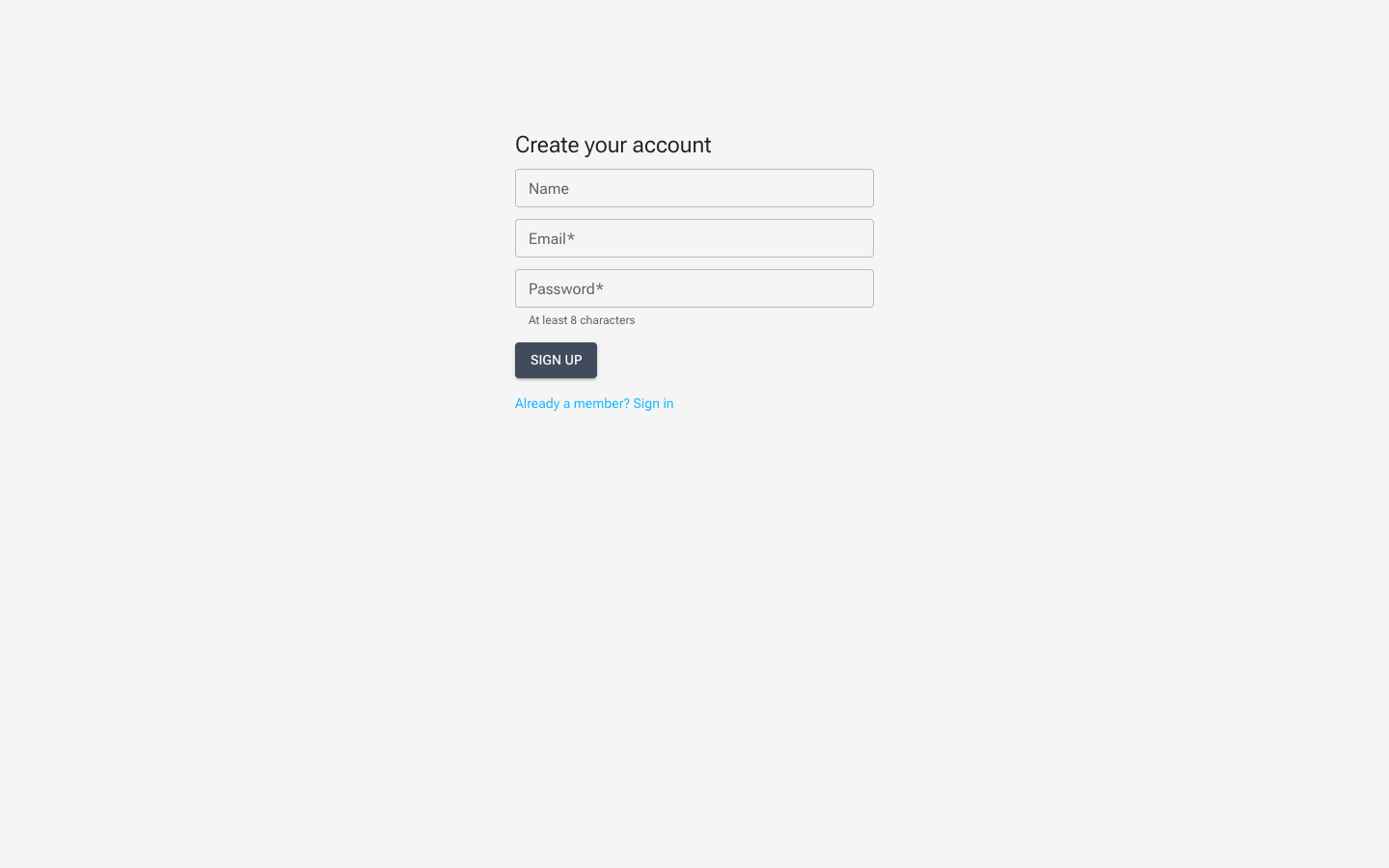 The built-in sign-up page on a published site with name, email, and password fields