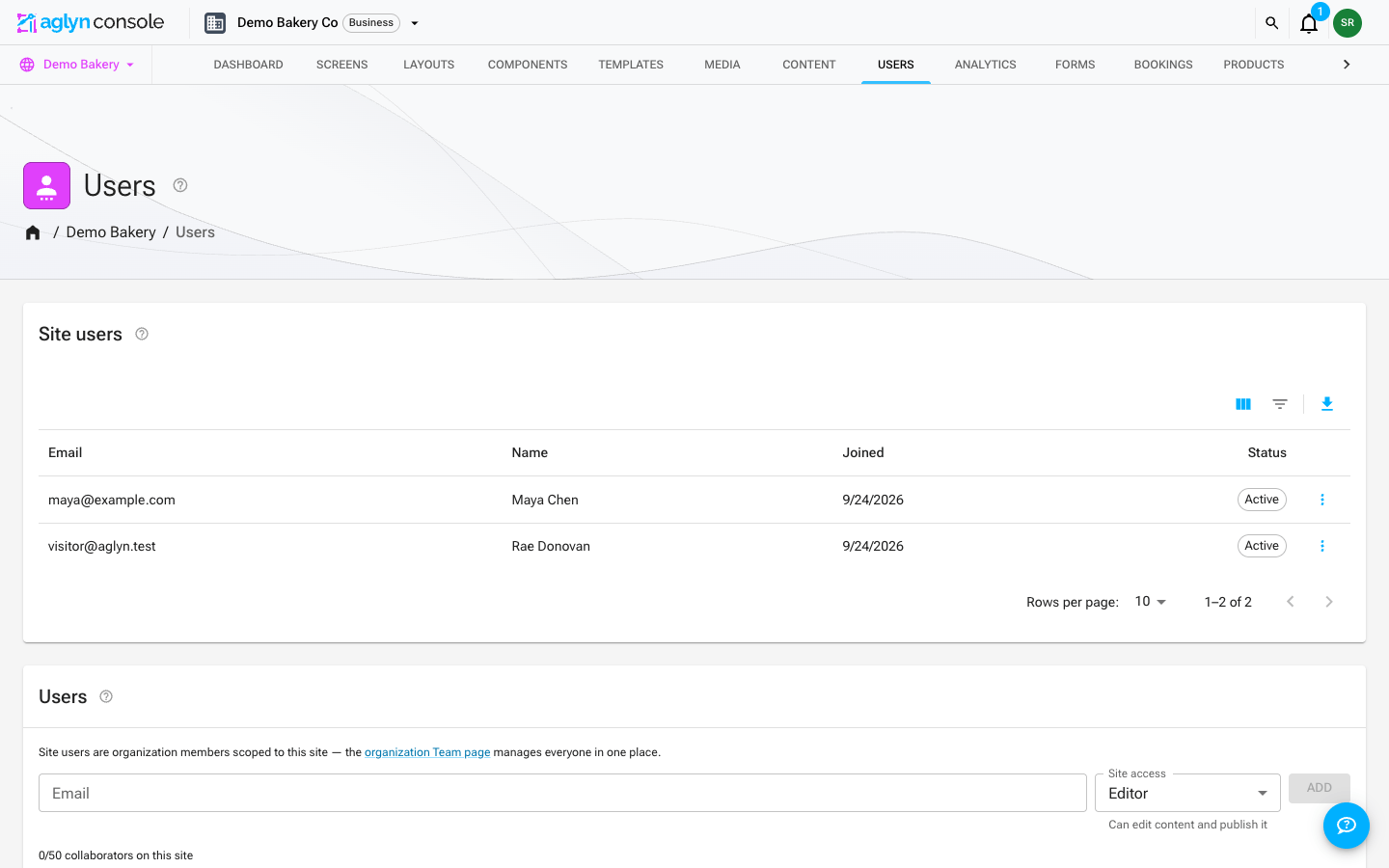 The console Users page with the Site users card listing members, their join dates and Active status chips, under the table's Columns, Filters, Export and Search controls