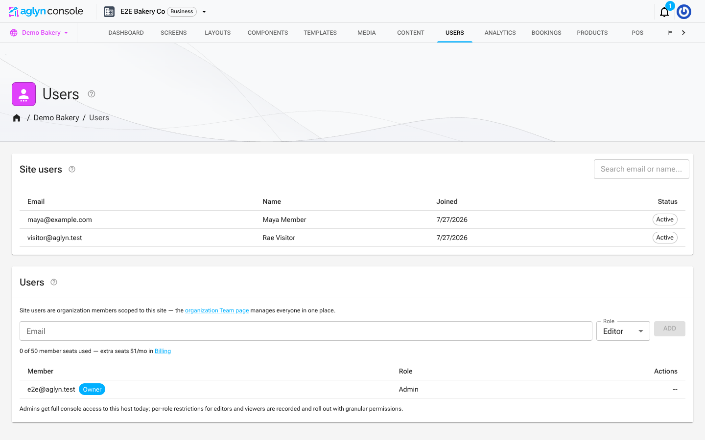 The console Users page with the Site users card listing members and their Active status chips