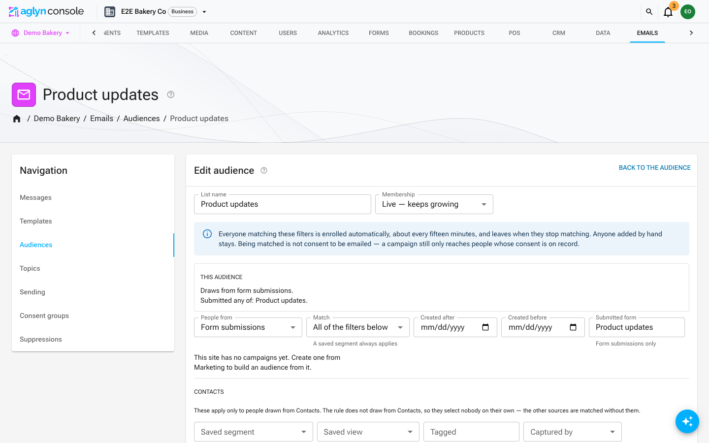 The Edit audience page: Membership Live — keeps growing, People from Form submissions, Submitted form Product updates, and the This audience summary