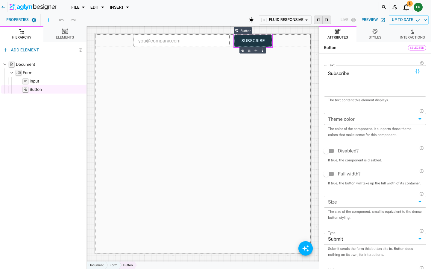 The Button selected, with Text Subscribe and Type Submit in the Attributes panel