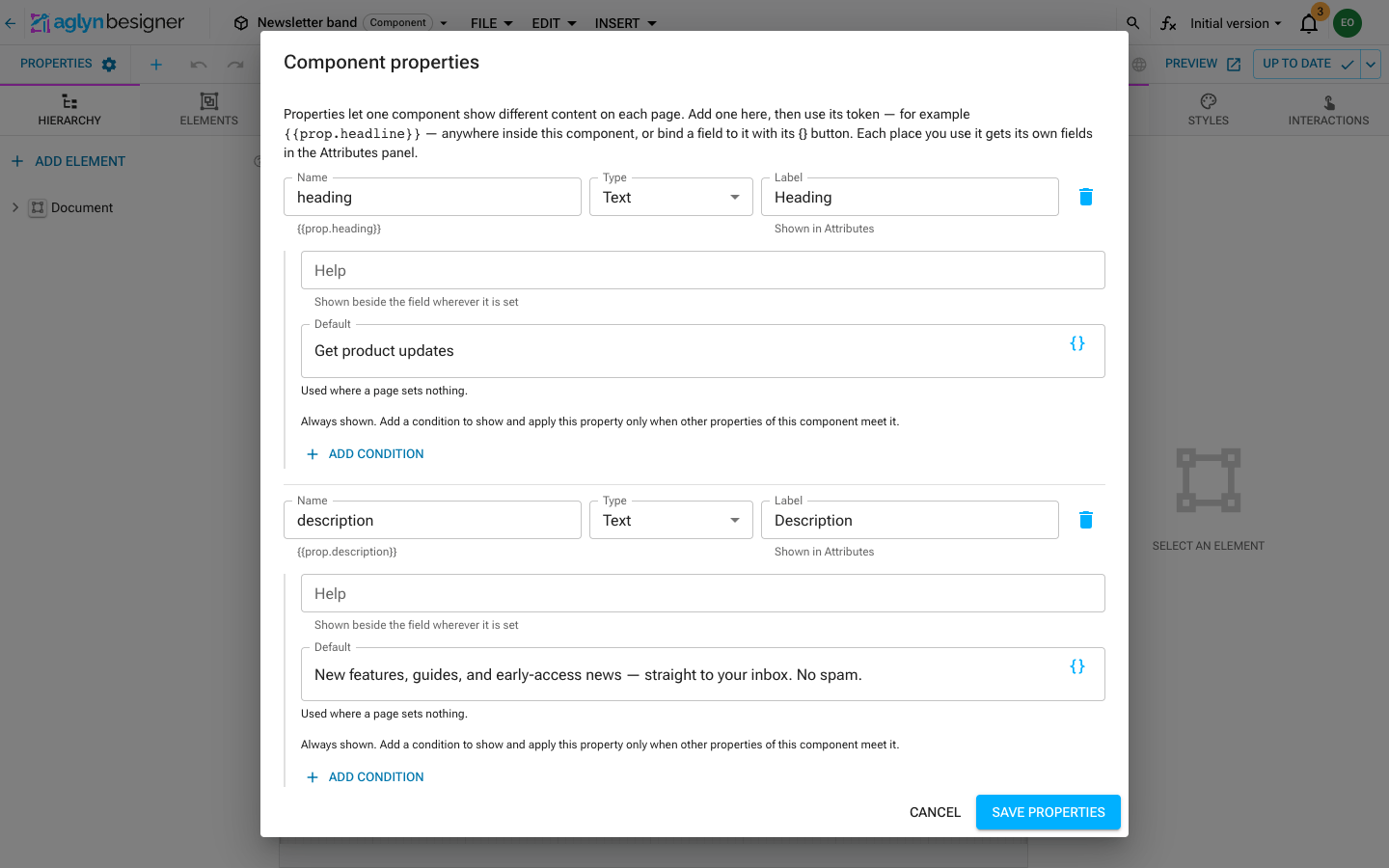 The Component properties dialog with the heading and description text properties and their defaults