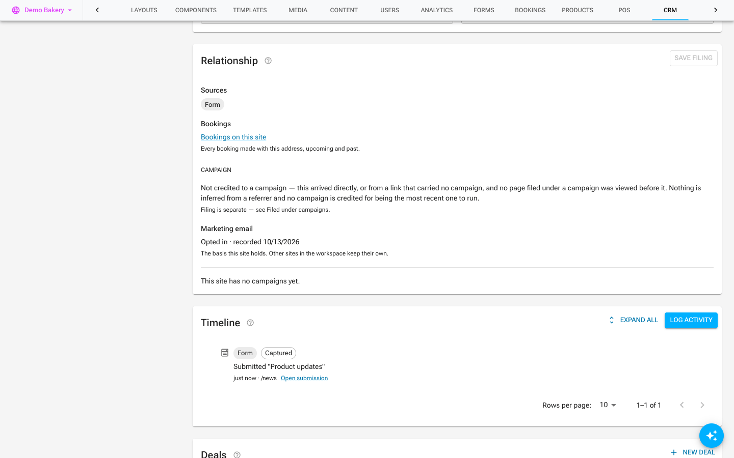 The contact's Relationship card with Marketing email Opted in and the Product updates submission on the timeline