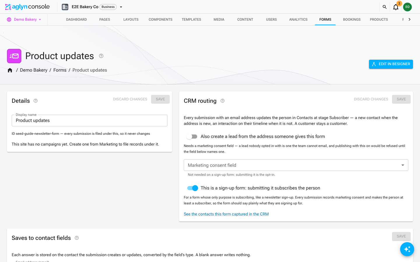 The CRM routing card with the lead switch off, the Marketing consent field empty and the sign-up form switch on