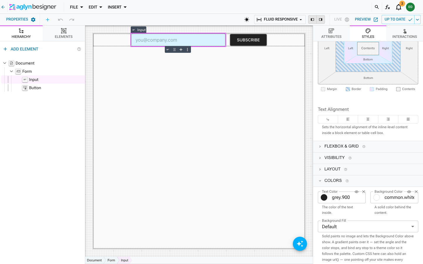 The Input selected, with Colors showing a dark gray Text Color and a white Background Color