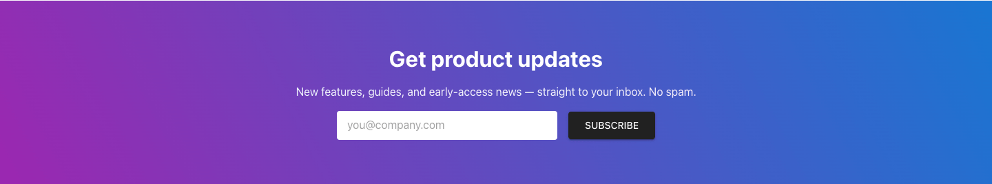 The finished newsletter band on a published page: a gradient from the theme's secondary to its primary color, a bold "Get product updates" heading, one line of copy, a white email field and a dark Subscribe button