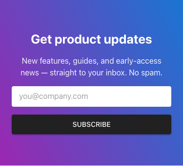 The live band on a phone: the heading and copy wrap, and the white email field sits above a full-width Subscribe button