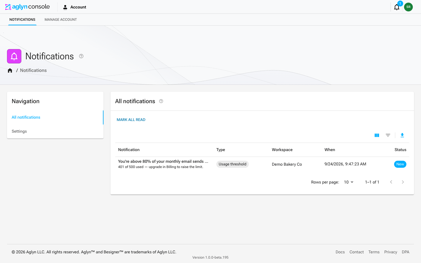 The Notifications page: a Navigation rail listing All notifications and Settings, beside Mark all read and the feed as a table of notification, type, workspace, time and status, under the table's Columns, Filters and Export controls