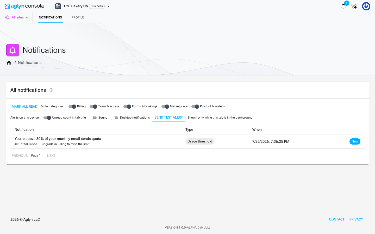 The Notifications page: a Mark all read action, a row of per-category mute toggles (Billing, Team & access, Forms & bookings, Marketplace, Product & system), the three per-device Alerts switches with Send test alert beside them, and the paginated feed below