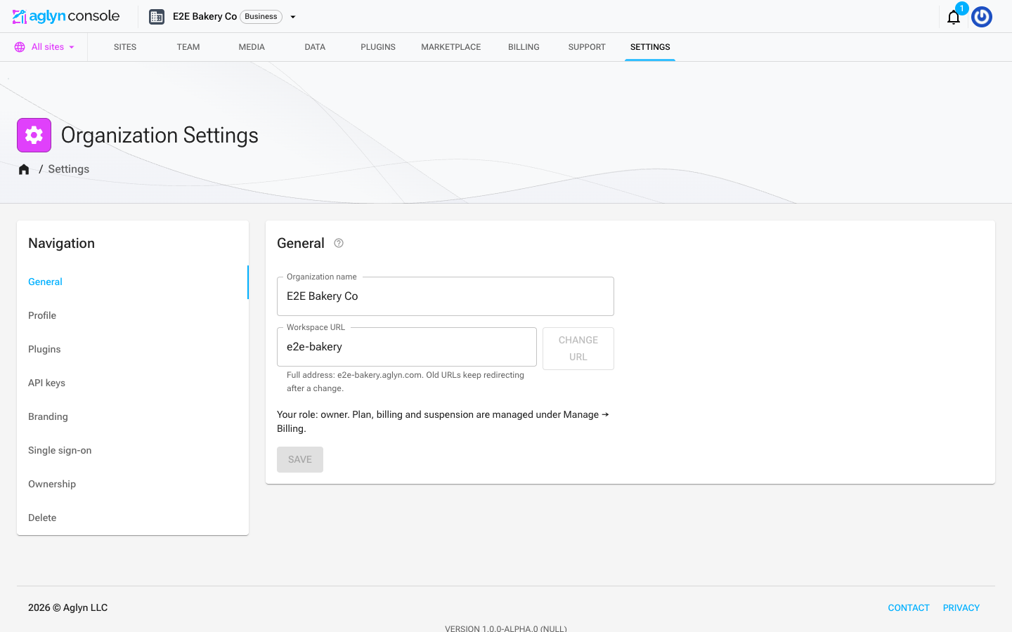 The Organization Settings page: a Navigation card listing General, Profile, Plugins, API keys, Branding, Single sign-on, Ownership and Delete, beside the General card with the organization name and workspace URL