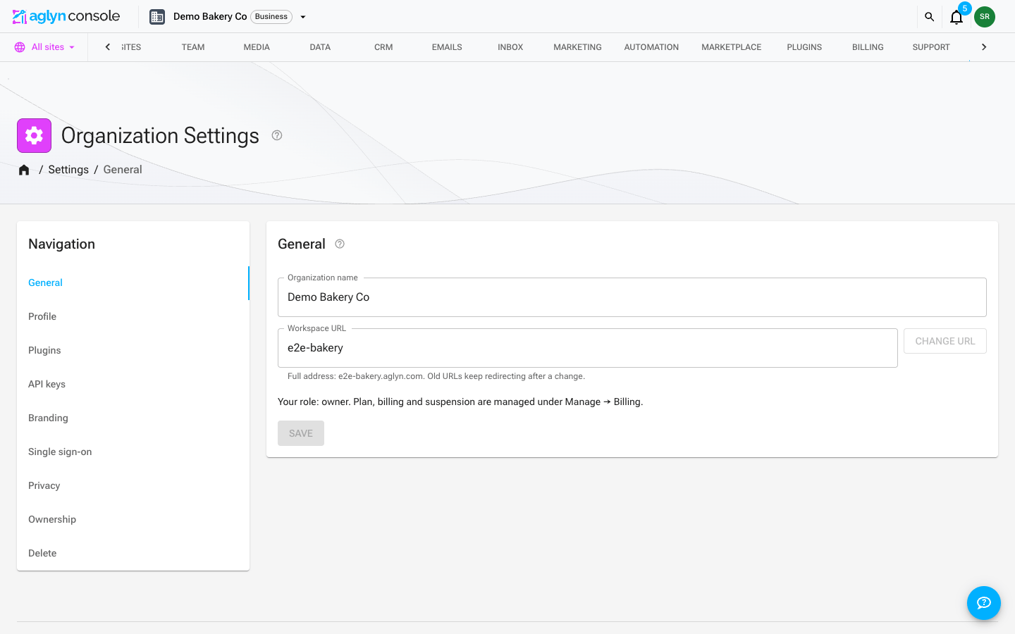 The Organization Settings page: a Navigation card listing General, Profile, Plugins, API keys, Branding, Single sign-on, Privacy, Ownership and Delete, beside the General card with the organization name and workspace URL