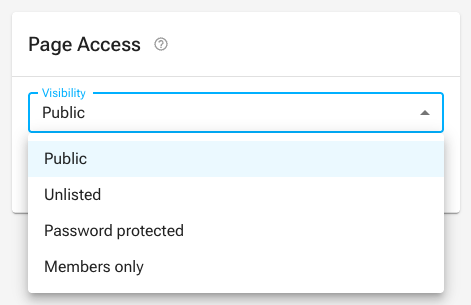 The Page Access card on a screen's page, with the Visibility menu open on Public, Unlisted, Password protected and Members only
