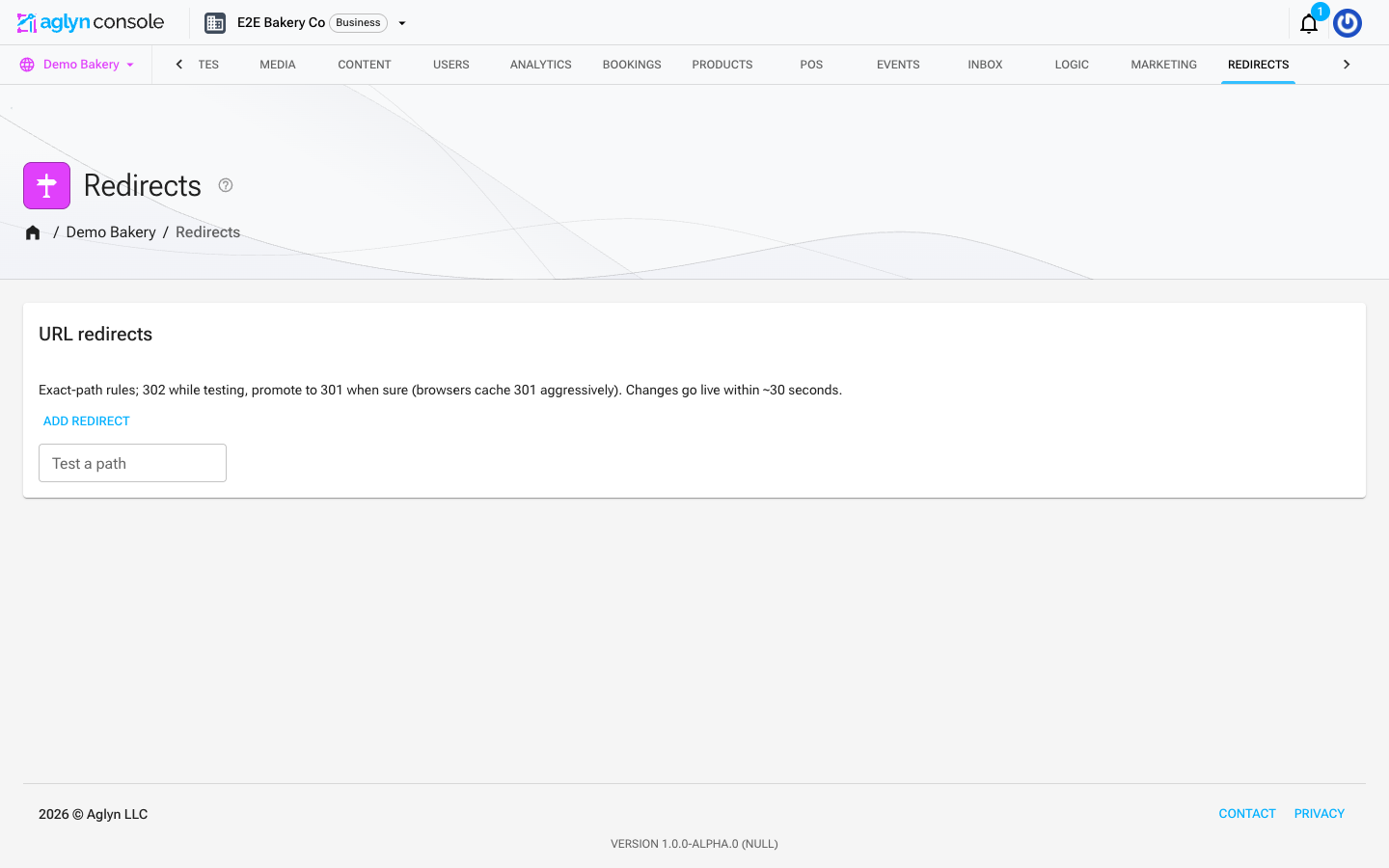 The Redirects page in the Aglyn console, with an "Add redirect" action for exact-path rules