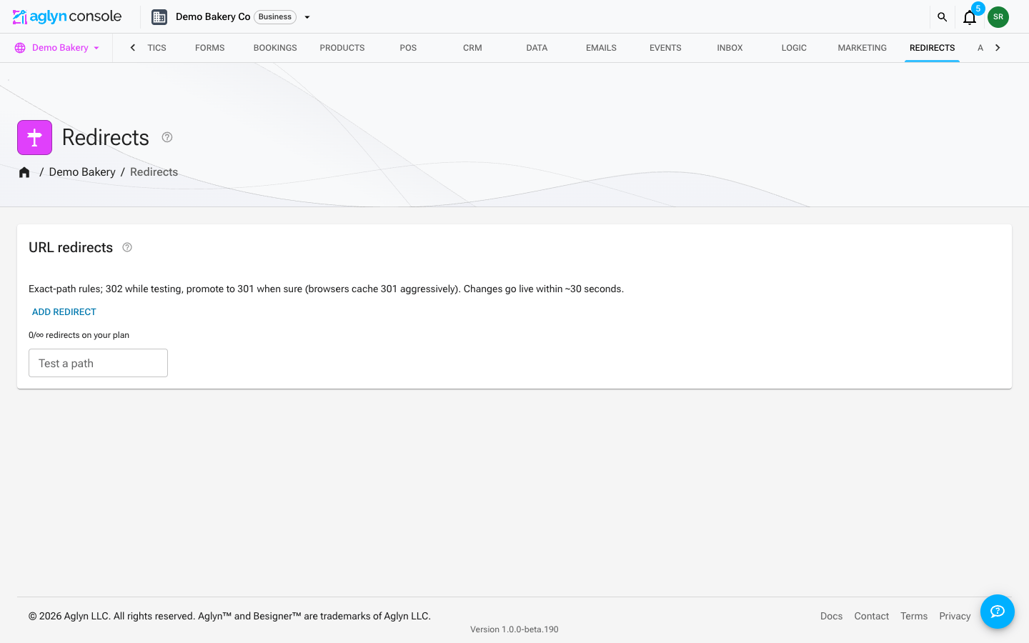 The Redirects page in the Aglyn console, with an "Add redirect" action for exact-path rules