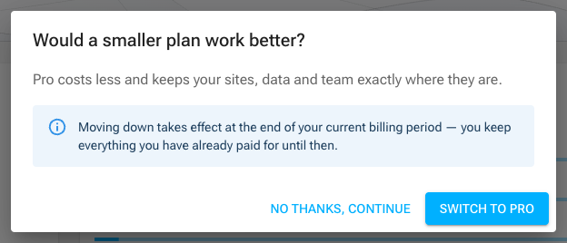 The downsell step offering a smaller paid plan, with a No thanks, continue button