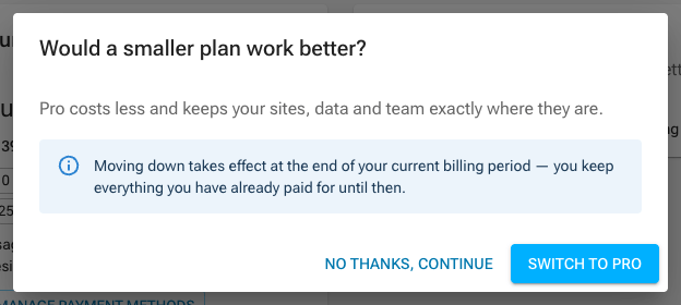 The downsell step offering a smaller paid plan, with a No thanks, continue button