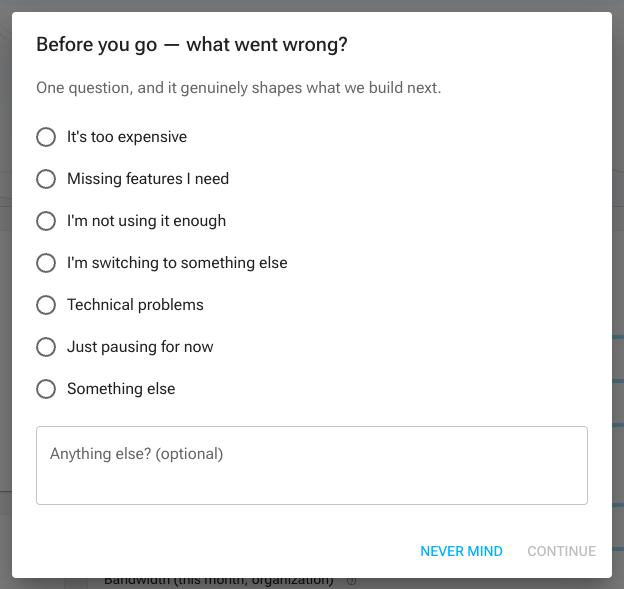 The cancellation survey asking why you're leaving, with seven reasons and an optional comment box