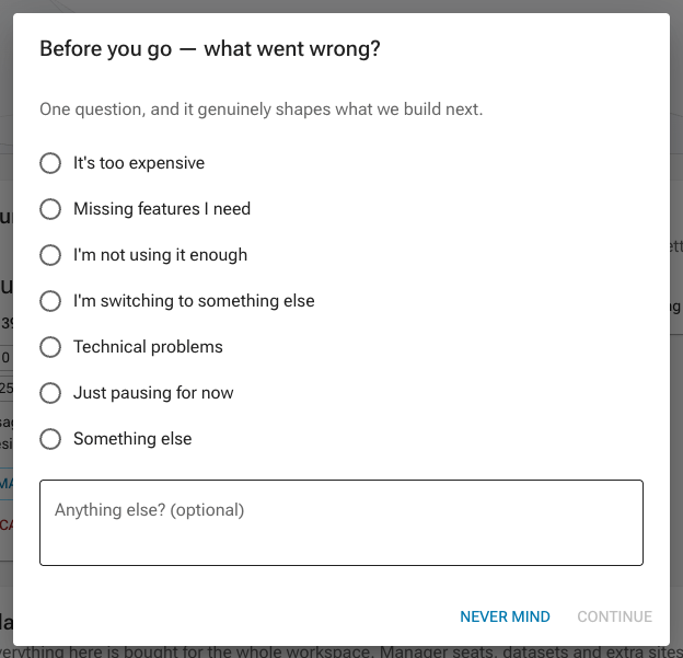 The cancellation survey asking why you're leaving, with seven reasons and an optional comment box