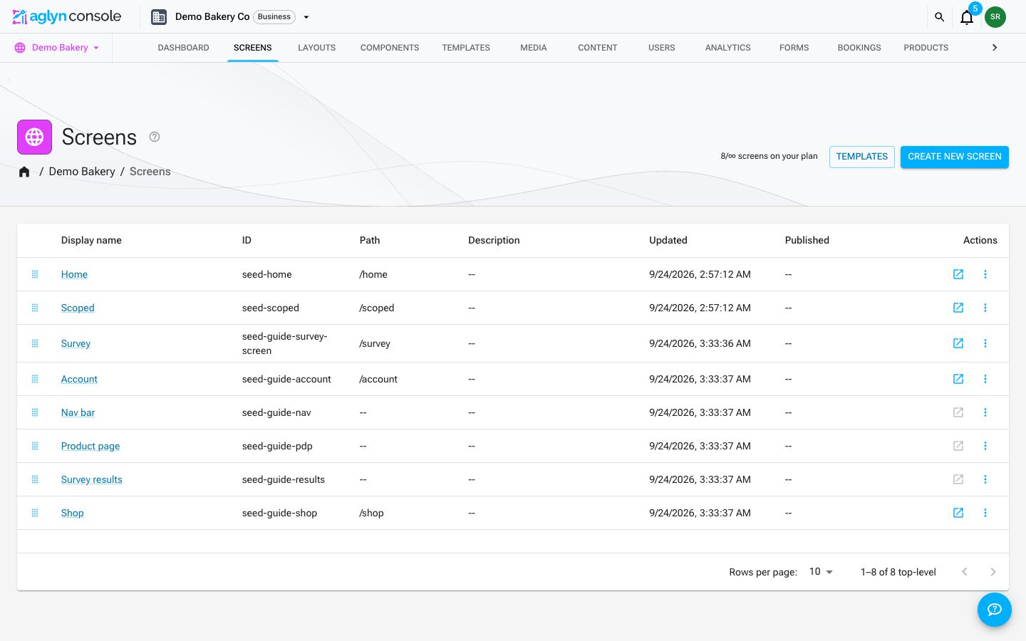 The pages list with each page's publish state