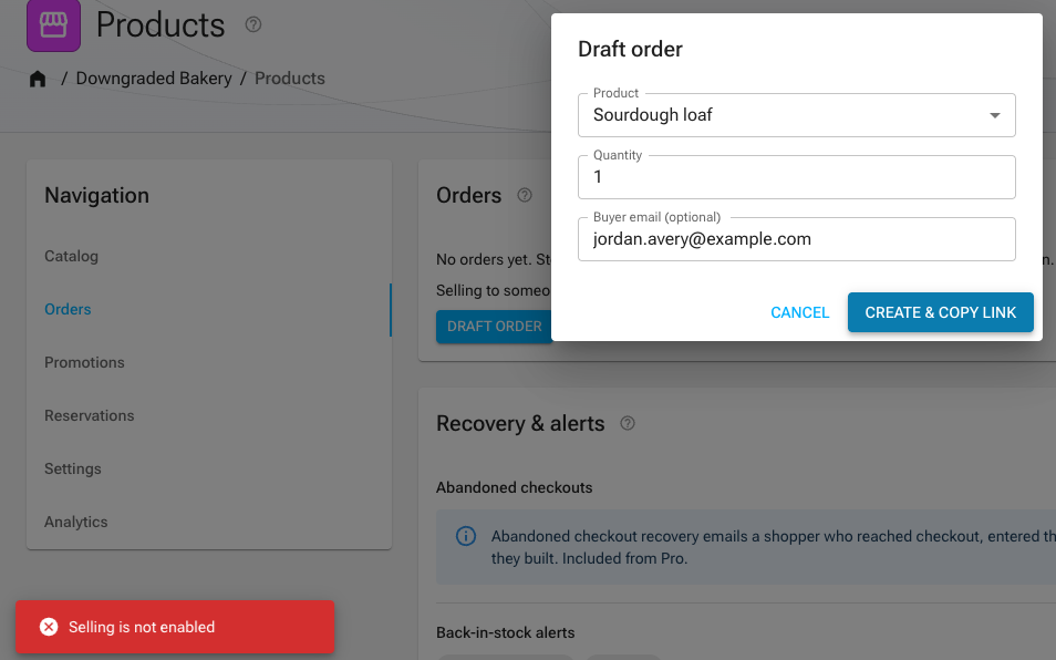 A draft order refusing to create a payment link with a message that selling is not enabled, on a plan without commerce