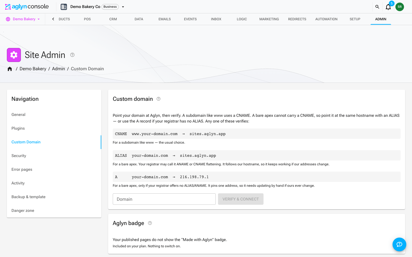 The Custom domain card in the site's Admin area