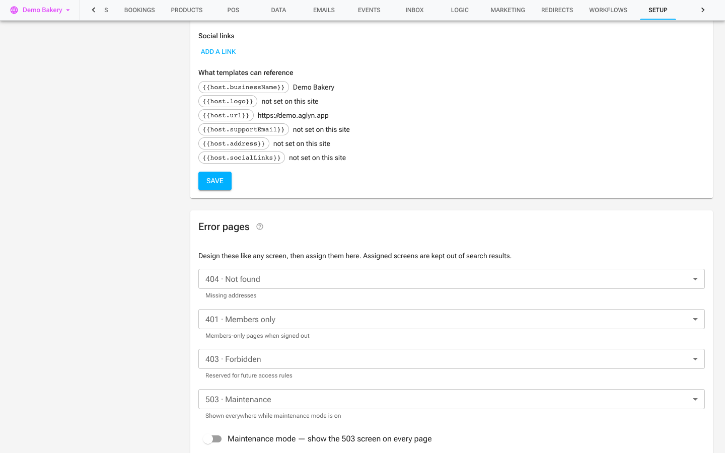 The Error pages card in Setup: one picker per status code, each defaulting to Aglyn's built-in screen until you assign your own