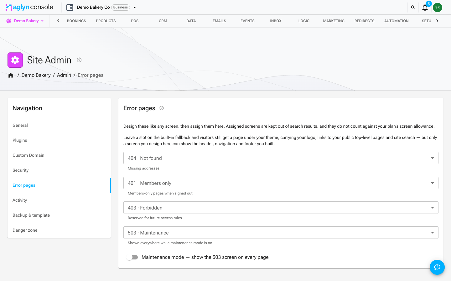 The Error pages card: one picker per status code, each defaulting to Aglyn's built-in page until you assign your own