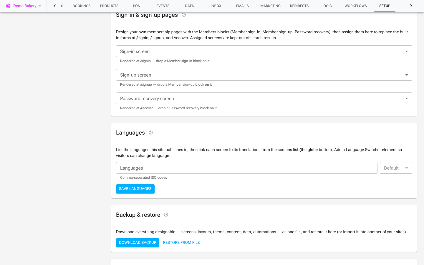 The Languages card in site setup