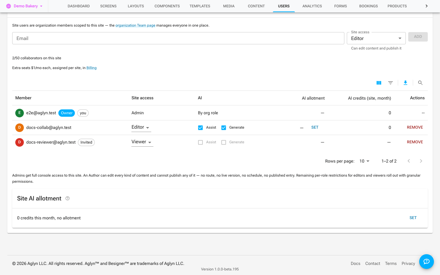 A site's Users card: the add-by-email row with its Site access picker, then the collaborators table with the owner first, an Editor and an invited Viewer, their AI access and credits, under the table's Columns, Filters, Export and Search controls