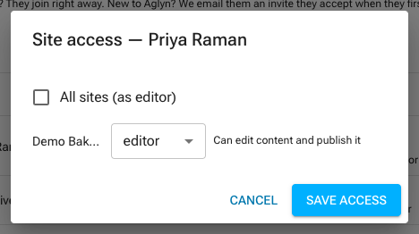 The site access dialog for one member, with All sites unticked and a single site granted the editor role