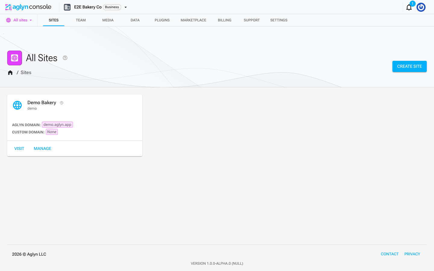 The All Sites page with a Create site button, and one site card showing its Aglyn domain, its (unset) custom domain, and Visit and Manage actions